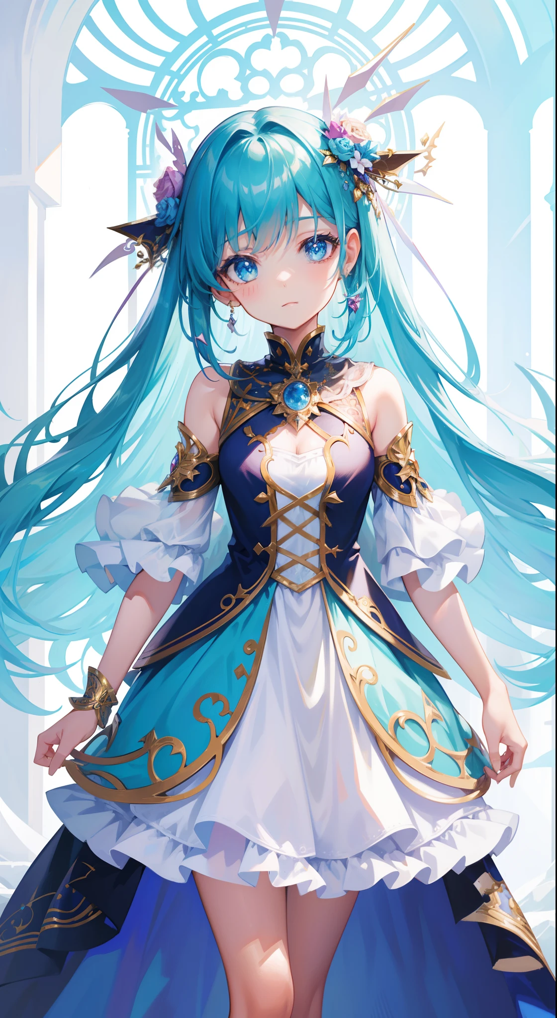 A woman in a blue and white dress with long hair - SeaArt AI