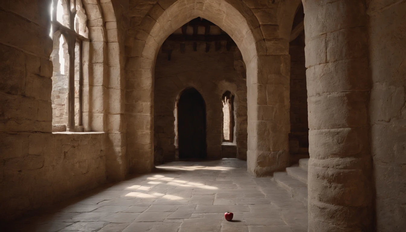 (a red apple,medieval castle,hallway,cinematic scene) on the floor of a (medieval castle:1.1) (hallway:1.3), under the soft lights of a (cinematic scene:1.2) from a (film,feature film, medieval film). The (red apple,brilliant red apple, vibrant red apple) lies to the (left:left side,side, left) of the (hallway,corridor), illuminated by the (soft:0.9) glow from the (cinematic scene:1.1) in the distance. The apple exudes an inviting (warm glow:0.9), captivating anyone passing by.

The (medieval castle:1.2) (hallway:1.1) is adorned with (antique lanterns:flickering antique lanterns,colorful antique lanterns), casting (subtle:0.9) (shadows,soft shadows) on the (stone walls,ancient walls) and (wooden floor). The (hallway:1.1) stretches into the (distance,darkness) with (intriguing:1.1) (arches:stone arches,ornate arches), creating a sense of (mystery, intrigue) and (history, ancient history).

In this (cinematic scene:1.1) from a (film,feature film,cinematic masterpiece), the (red apple,beautiful red apple) becomes a symbol of (temptation,desire,wonder), its vibrant color contrasting against the (neutral tones,ancient ambiance) of the (medieval castle:1.1). The (camera,view) captures the (subtle details:1.1) of the (apple's surface:0.9), highlighting its (shiny, glossy) texture and (rich:1.1) hues.

As the (film,feature film) unfolds, the (camera) slowly pans, revealing the (intricate details, architectural details) of the (hallway), showcasing the (age-old tapestries, ornate tapestries) hanging on the (walls:ancient walls,stone walls). Shafts of (natural light,dappled light) pour in through (stained glass windows,ancient windows), casting colorful (patterns,beautiful patterns) on the (floor), adding to the (cinematic atmosphere:1.1).

The atmosphere is filled with a sense of (mystery,intrigue), leaving the viewer intrigued about the story that unfolds within the confines of the (medieval castle). The (cinematic scene:1.1) captures a fleeting moment, evoking emotions and