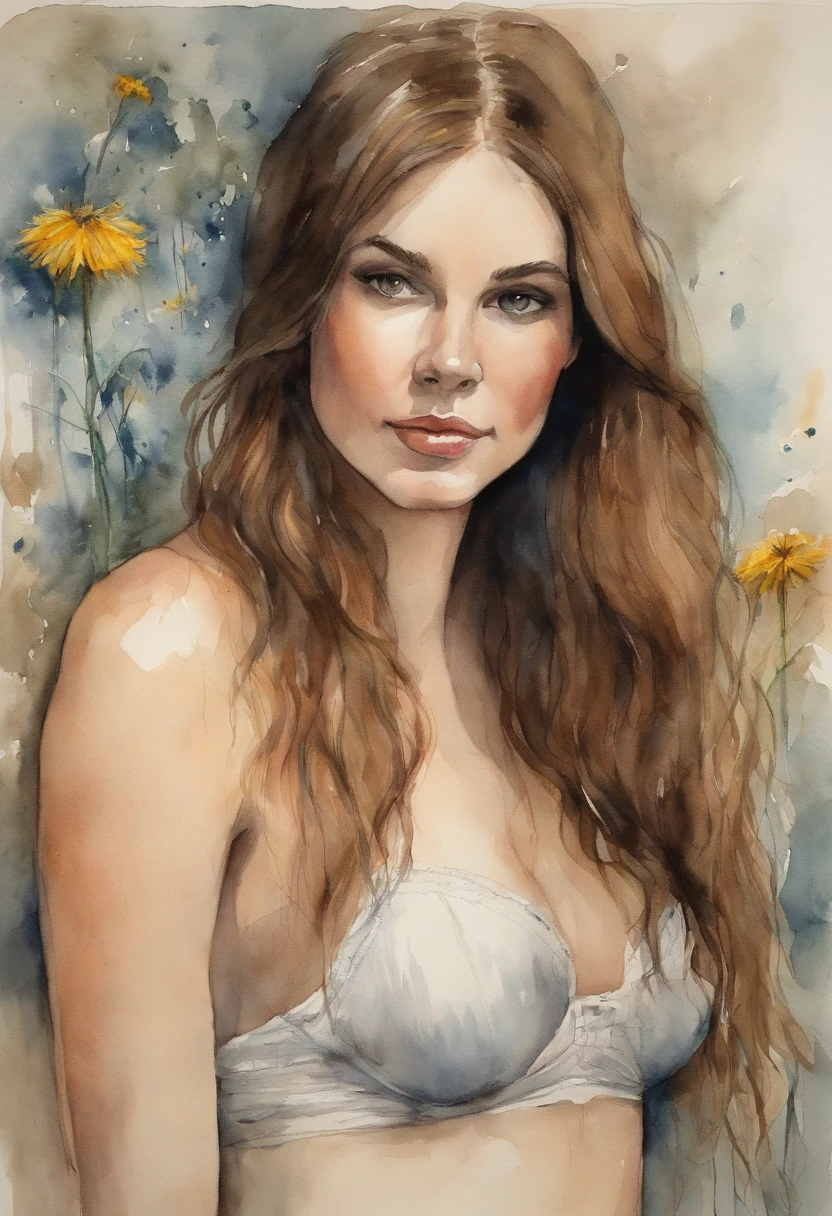 (obra-prima, melhor qualidade) , NSFW, 1girl, Pale Brown Long Straight Hair with Bangs, seios tamanho D, Dandelion Caged panties and strapless bra, Agora mesmo, pulando no ar com as pernas estendidas.