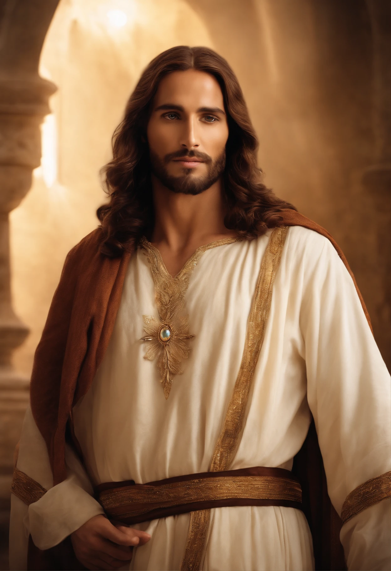 Descreva uma imagem de Jesus Cristo, emanating a divine aura and looking directly into the camera with a penetrating and compassionate gaze. The scene around him radiates a sense of serenity and transcendence, com cores suaves e uma atmosfera celestial. Highlight the details of the expression on your face, the sparkle in your eyes and the sense of peace and grace that your presence radiates in this sacred moment