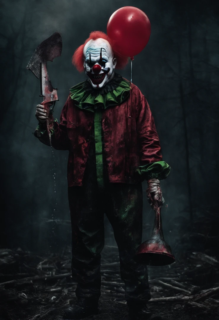 Killer clown in red black green yellow outfit with chainsaw in right hand clown horn on a meckless rubber chicken in left hand with bubbles floating around