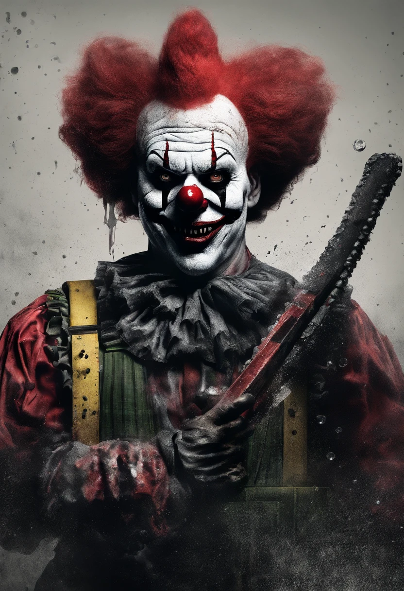 Killer clown in red black green yellow outfit with chainsaw in right hand clown horn on a meckless rubber chicken in left hand with bubbles floating around