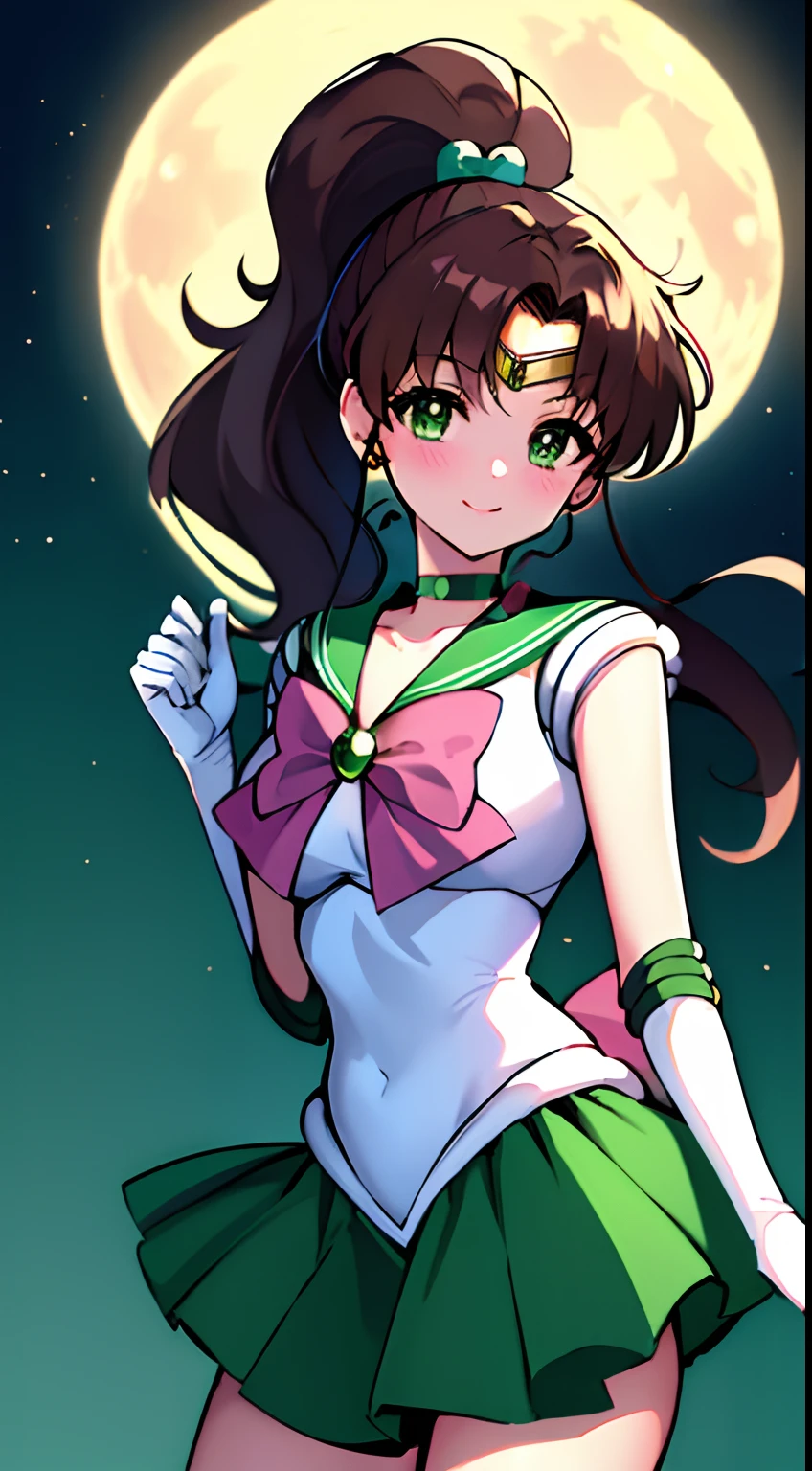 masterpiece, best quality, highres, hmjupiter, green eyes, ponytail, tiara, jewelry, sailor senshi uniform, green sailor collar, choker, elbow gloves, white gloves, pink bow, brooch, leotard, green skirt, cowboy shot, standing, night, moon, smile