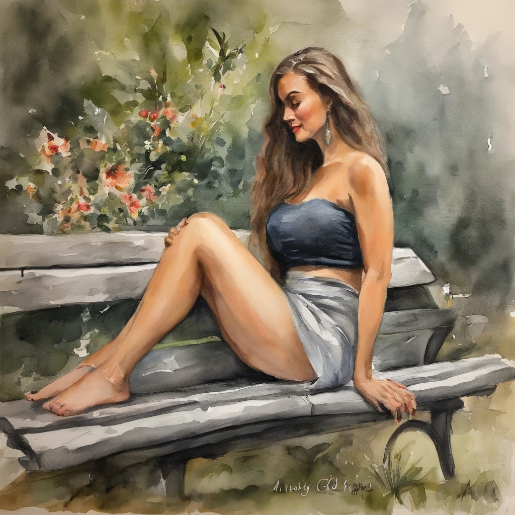 obra-prima, melhor qualidade), nsfw, 1girl, Bun Messy cinza claro com pente de cabelo floral, Tamanho H seios, Grey V-string slate and strapless bra, meias de bobby, Sitting on a bench with his arms resting on the backrest