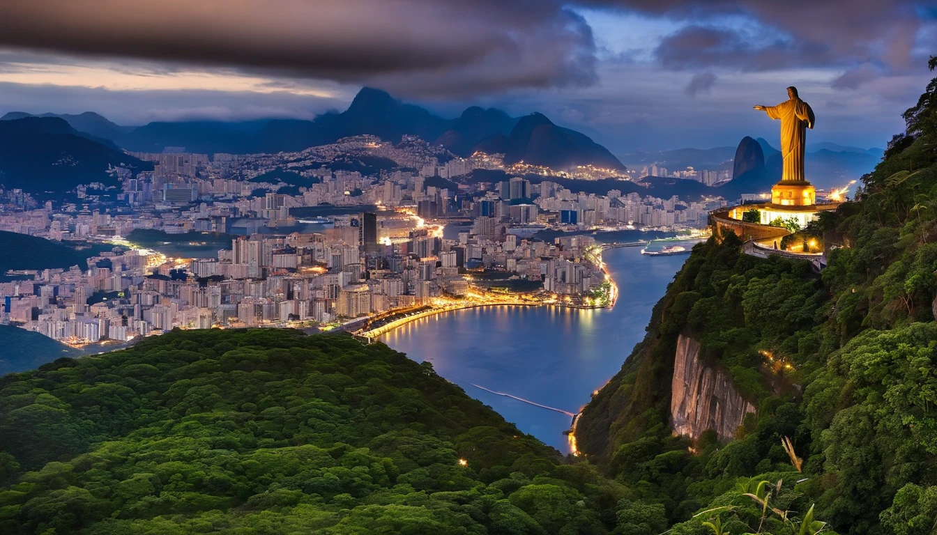 ferrari preta, no fundo da imagem o cristo redentor do rio de janeiro. dia chuvoso, nuvens, raios.
