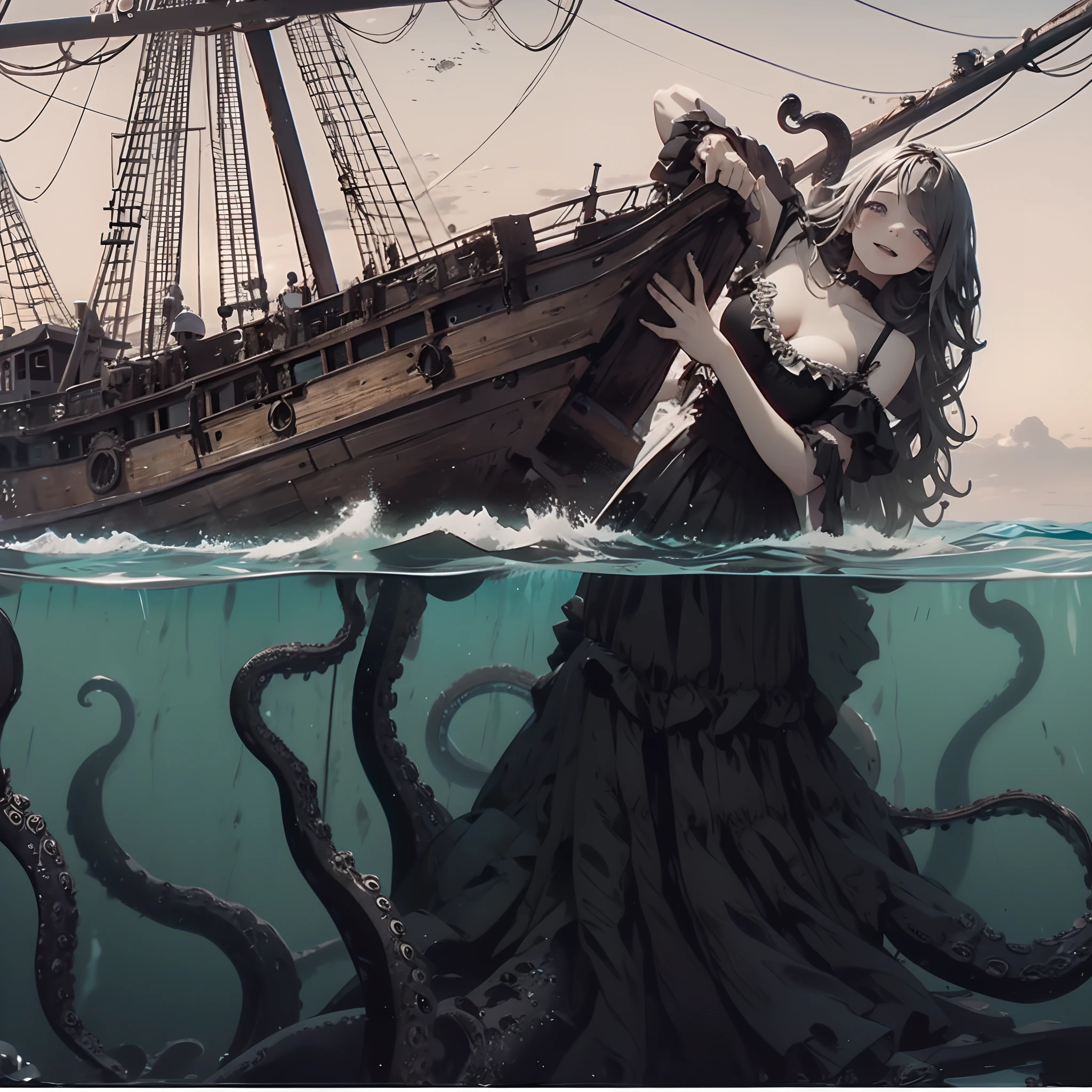 Giant girl leaning out of the sea. She wears a gothic dress. dress with ruffles. Innocent laughter. Grab and sink the ship. Wooden boat. Tentacles extending from the sea. View from the ship.