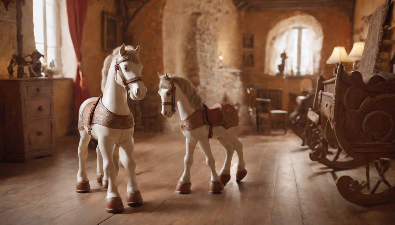 (best quality,4k,8k,highres,masterpiece:1.2),ultra-detailed,(realistic,photorealistic,photo-realistic:1.37), Eastern European medieval nursery in a castle. A wooden rocking horse is placed in the center of the room. The room is filled with warm daylight streaming through the small windows. The scene resembles a cinematic scene from a film, creating a nostalgic and enchanting atmosphere. The room is adorned with handcrafted decorations, including intricate tapestries, ceramic figurines, and vibrant paintings on the walls. The children's laughter and joy fill the air, creating a lively and vibrant ambiance. The color palette is rich and vibrant, with warm earth tones dominating the scene. The lighting is soft and diffused, casting gentle shadows on the wooden floor. The details of the scene are meticulously captured, showcasing the textures of the wooden rocking horse. The overall composition is carefully framed, creating a visually pleasing and harmonious image.