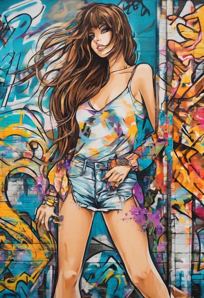 Beautiful stunning woman waving hair splash graffiti wallpainting on a corner house rough brick  wall colorful streetpainting showing street mouvment sun rays dark clouds peoples cars 