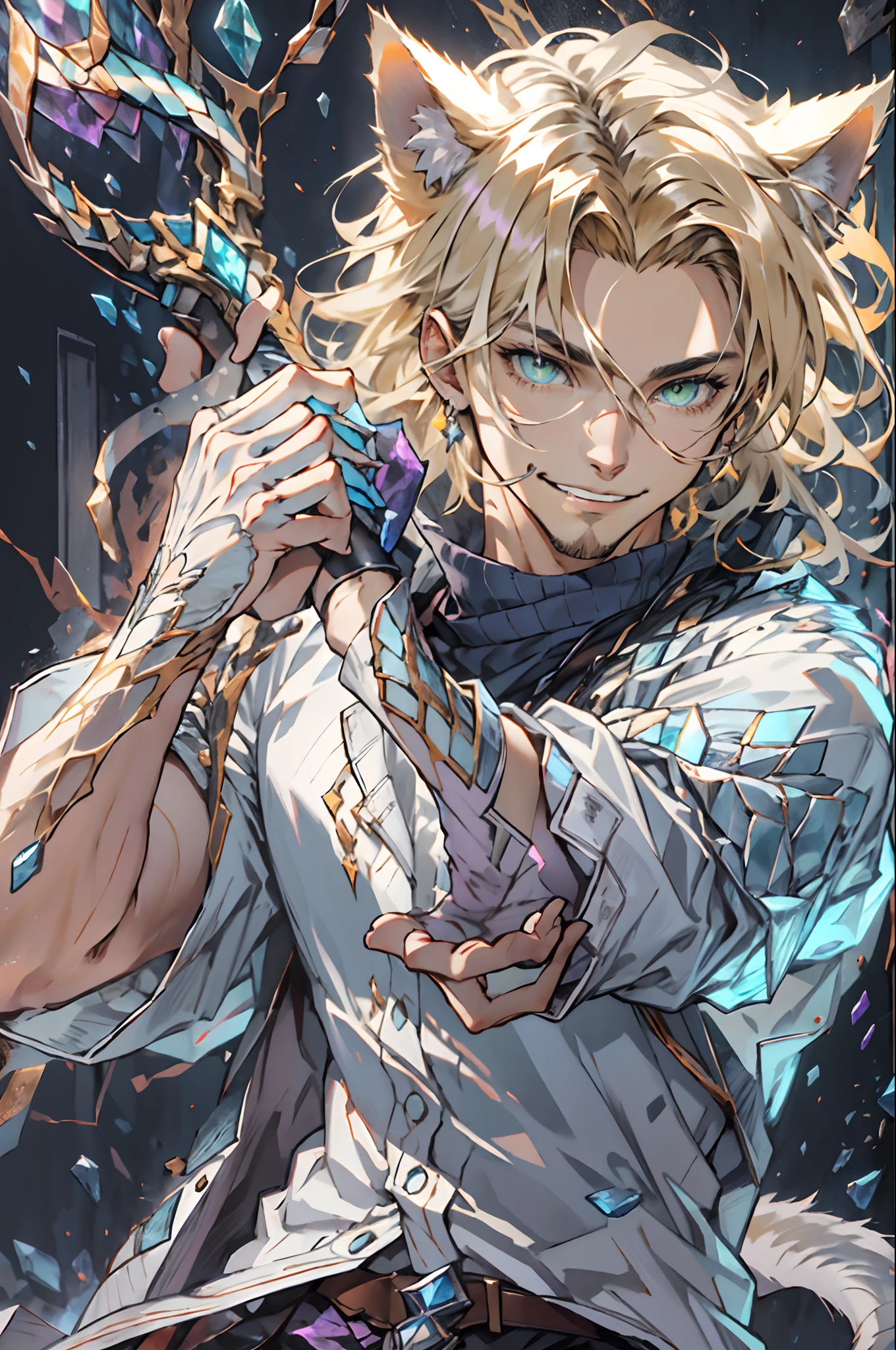 Purple coat, one male, cat ears, long hair, blond, blond hair, green eyes, tall, muscular, white shirt, beautiful face, highest quality, masterpiece, 2d, anime, perfect face, highest detail, feline eyes, stubble, cat tail, wavy hair, purple crystals, smile, battle pose, crystal sword in hand, running, five fingers, y2k style, human hands, bust shot, detailed face, detailed hands, five fingers on each hand