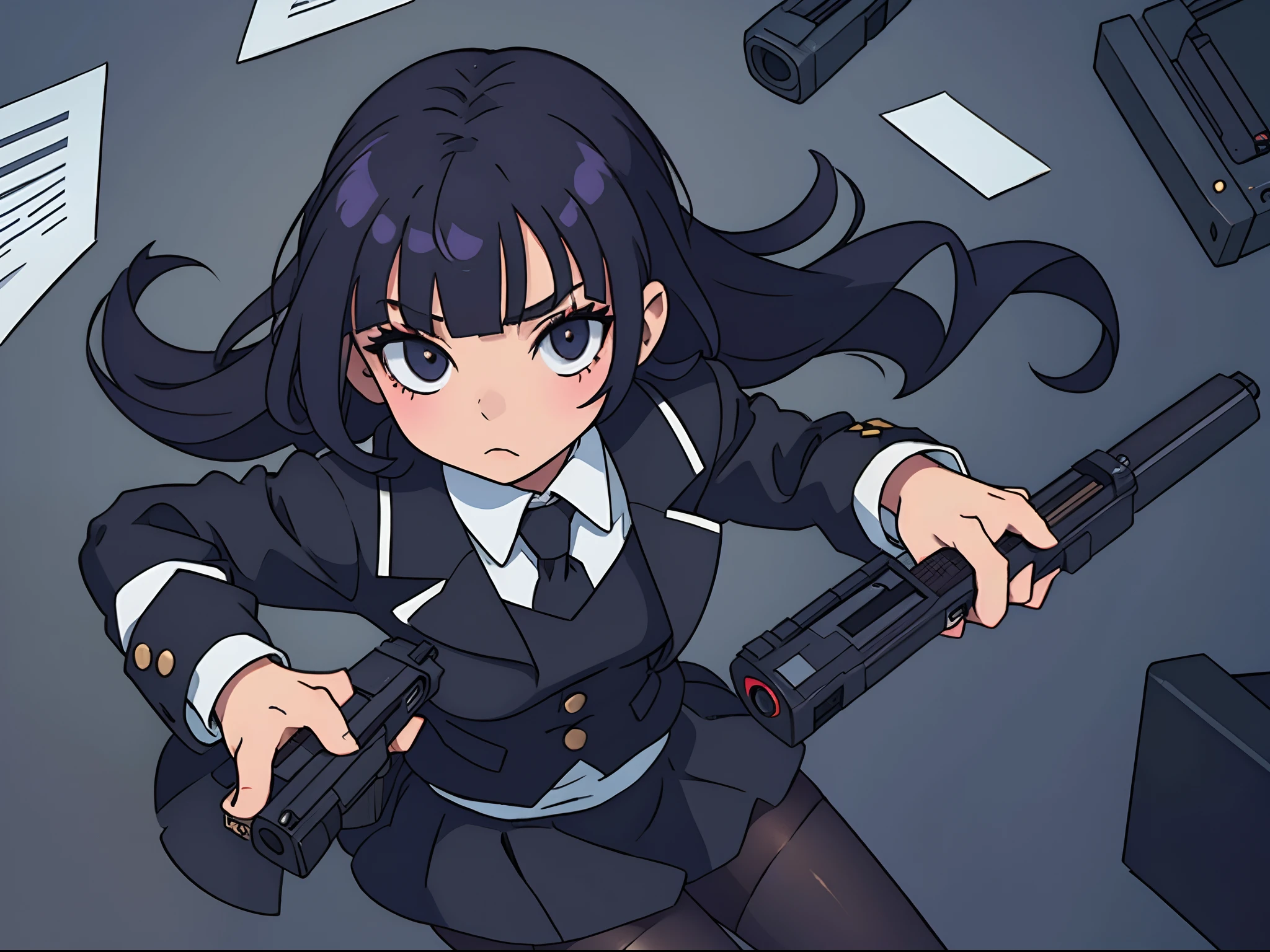 Petite Goth Girl in School Uniform, Pantyhose and Glock in Hand
