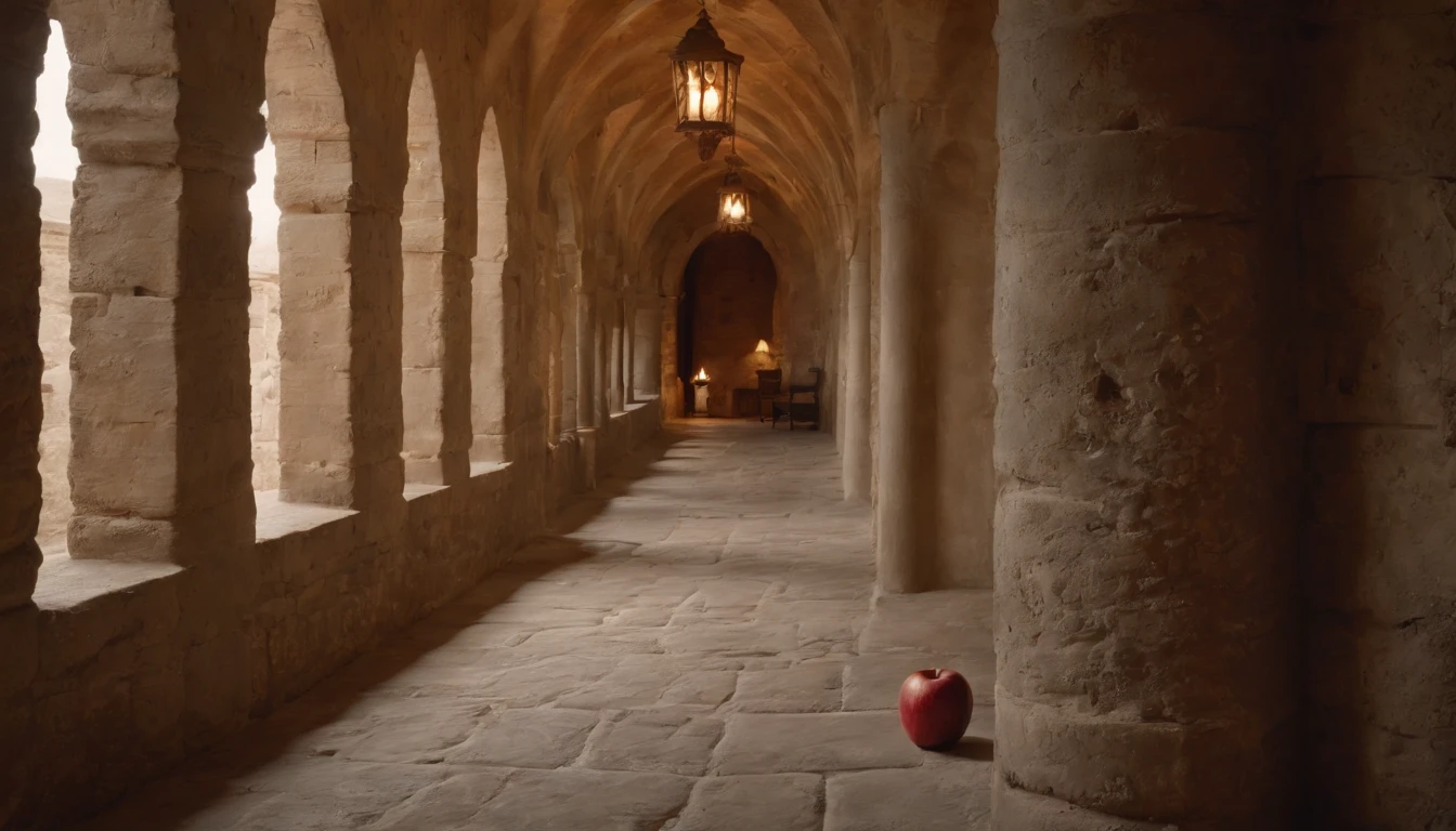 (a red apple,medieval castle,hallway,cinematic scene) on the floor of a (medieval castle:1.1) (hallway:1.3), under the soft lights of a (cinematic scene:1.2) from a (film,feature film, medieval film). The (red apple,brilliant red apple, vibrant red apple) lies to the (left:left side,side, left) of the (hallway,corridor), illuminated by the (soft:0.9) glow from the (cinematic scene:1.1) in the distance. The apple exudes an inviting (warm glow:0.9), captivating anyone passing by.
The (medieval castle:1.2) (hallway:1.1) is adorned with (antique lanterns:flickering antique lanterns,colorful antique lanterns), casting (subtle:0.9) (shadows,soft shadows) on the (stone walls,ancient walls) and (wooden floor). The (hallway:1.1) stretches into the (distance,darkness) with (intriguing:1.1) (arches:stone arches,ornate arches), creating a sense of (mystery, intrigue) and (history, ancient history).
In this (cinematic scene:1.1) from a (film,feature film,cinematic masterpiece), the (red apple,beautiful red apple) becomes a symbol of (temptation,desire,wonder), its vibrant color contrasting against the (neutral tones,ancient ambiance) of the (medieval castle:1.1). The (camera,view) captures the (subtle details:1.1) of the (apple's surface:0.9), highlighting its (shiny, glossy) texture and (rich:1.1) hues.
As the (film,feature film) unfolds, the (camera) slowly pans, revealing the (intricate details, architectural details) of the (hallway), showcasing the (age-old tapestries, ornate tapestries) hanging on the (walls:ancient walls,stone walls). Shafts of (natural light,dappled light) pour in through (stained glass windows,ancient windows), casting colorful (patterns,beautiful patterns) on the (floor), adding to the (cinematic atmosphere:1.1).
The atmosphere is filled with a sense of (mystery,intrigue), leaving the viewer intrigued about the story that unfolds within the confines of the (medieval castle). The (cinematic scene:1.1) captures a fleeting moment, evoking emotions and
