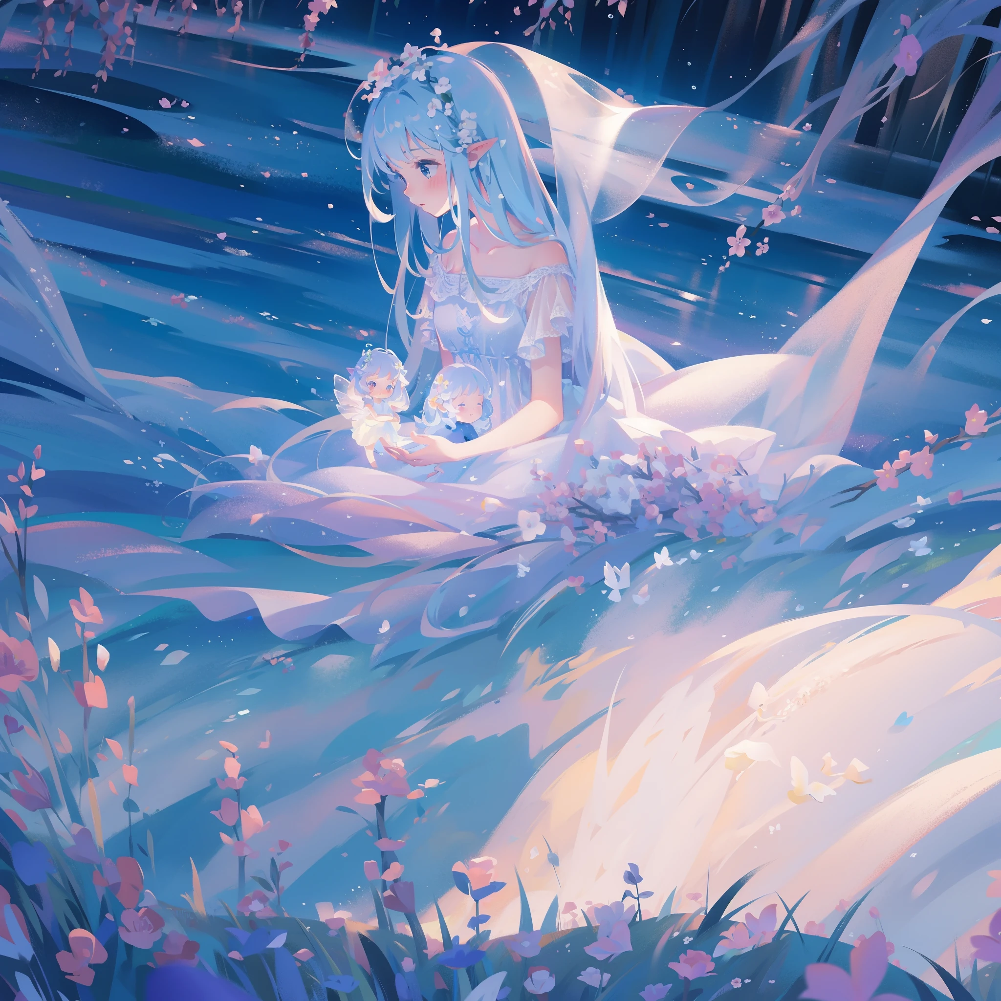 masterpiece, 8k, sharp focus, high resolution, princess, beautiful girl in fantasy white dress, otherworldly landscape, fantasia landscape background, willow trees, plants and flowers, dreamlike, dreamy, beautiful, fantasy, water nymph, fairy, water spirit, ethereal