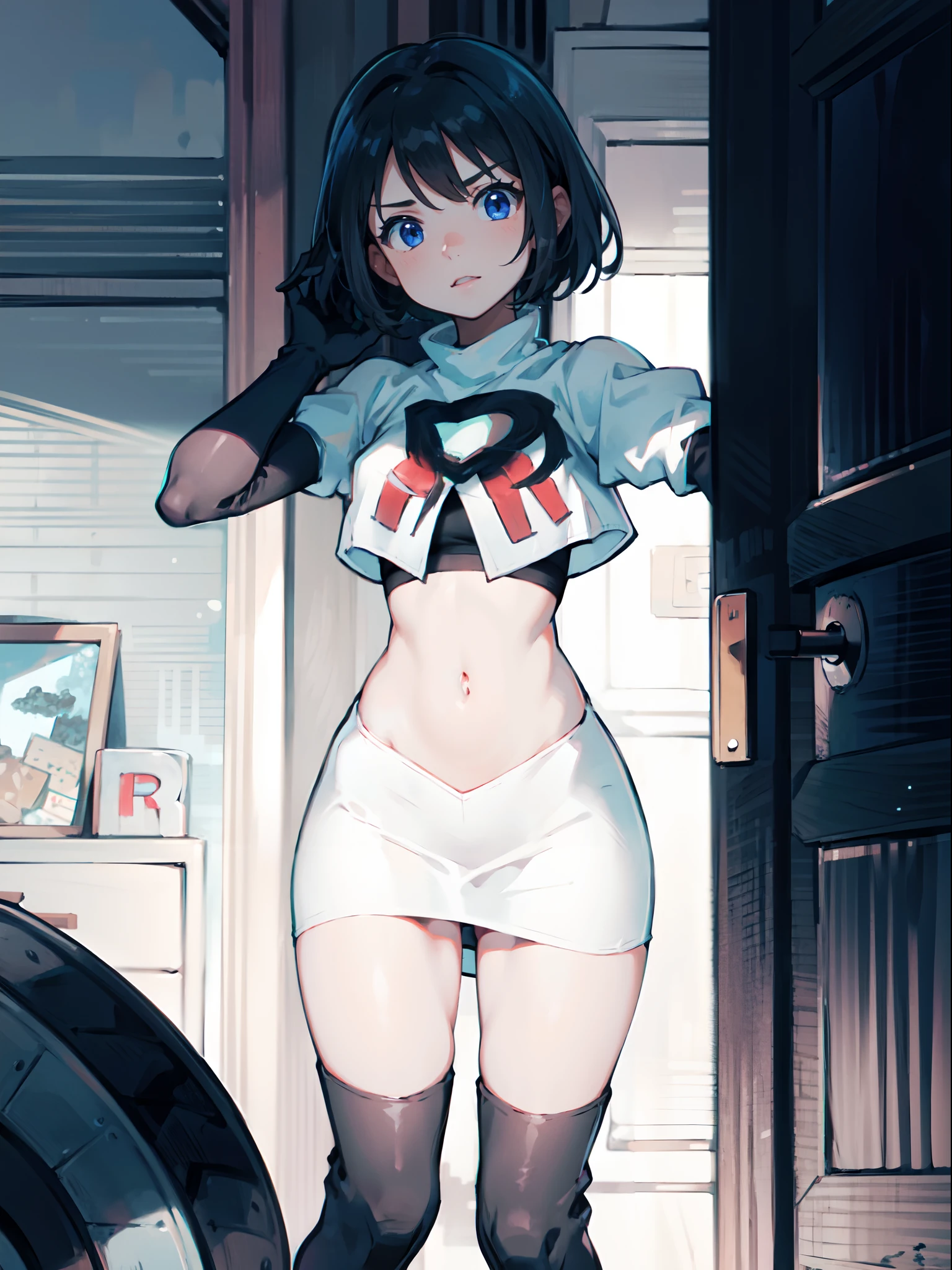 1girl,team rocket,team rocket uniform,white skirt,crop top,black thigh-highs,black elbow gloves,