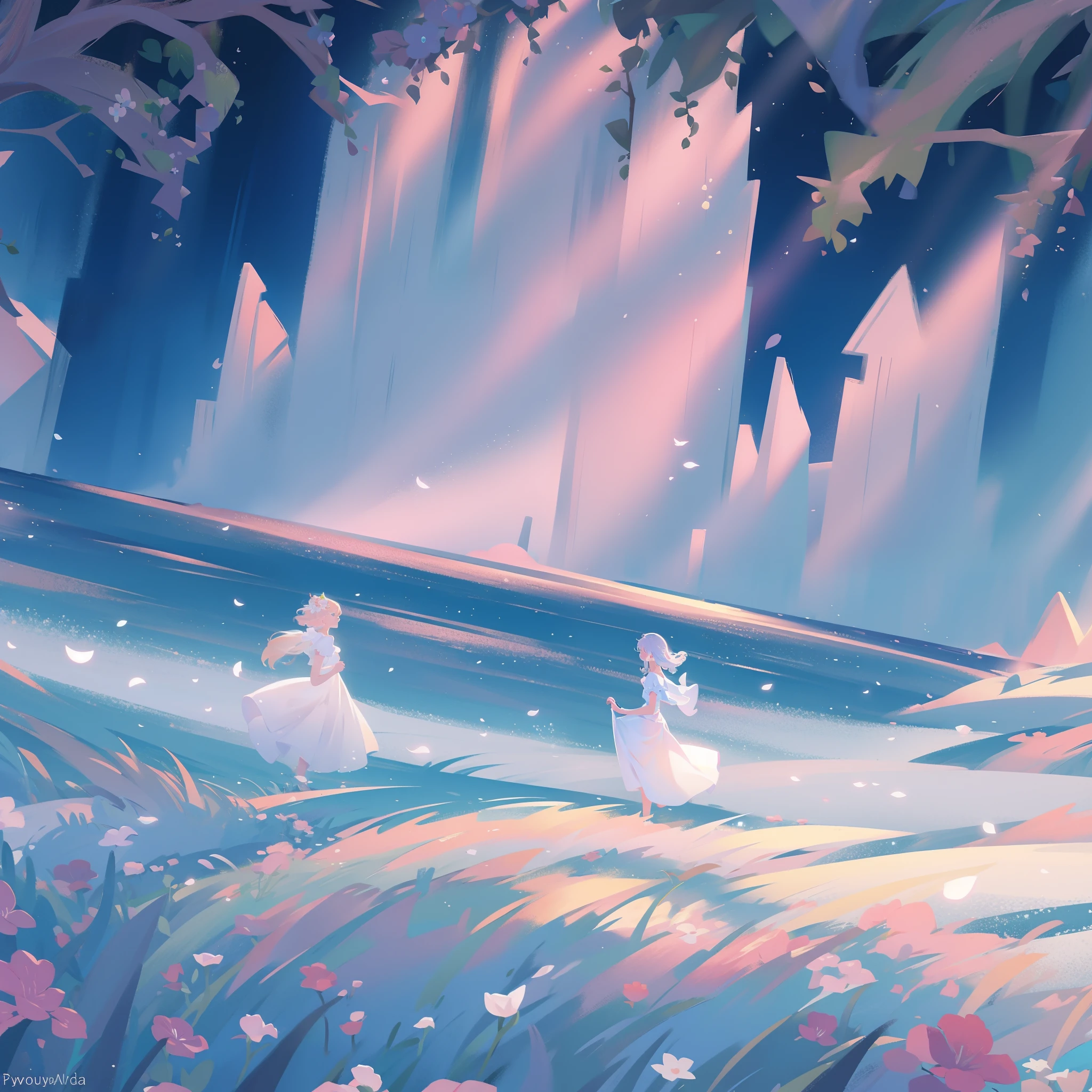masterpiece, 8k, sharp focus, high resolution, princess, beautiful girl in fantasy white dress, otherworldly landscape, fantasia landscape background, willow trees, plants and flowers, dreamlike, dreamy, beautiful, fantasy, water nymph, fairy, water spirit, ethereal