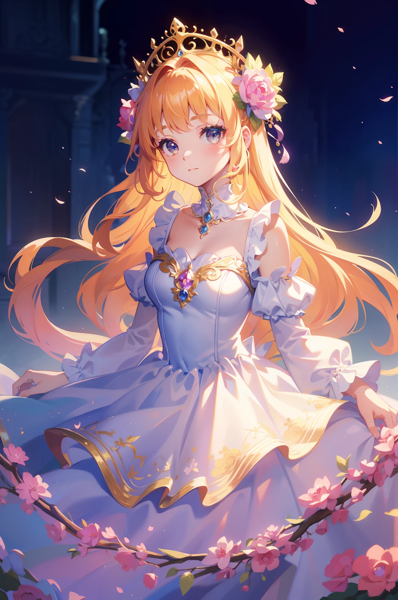 masterpiece, 8k, sharp focus, high resolution, princess, beautiful girl, fantasy princess dress, puffy multi-layered tiered ballgown, collar, sharp focus, intricately detailed dress design, colorful, whimsical, fantasy, magical
