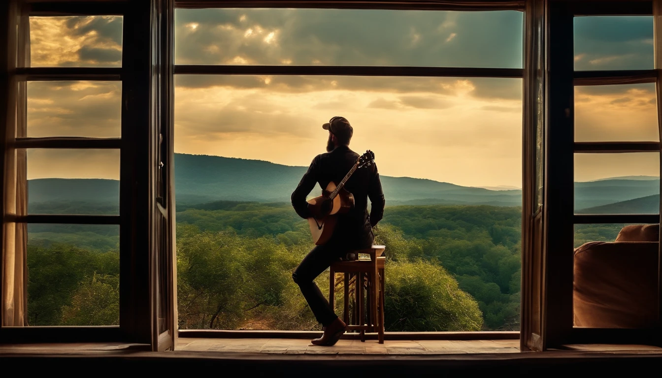 Bearded man playing Guitar looking at the sky trough the window, image from back, vintage style