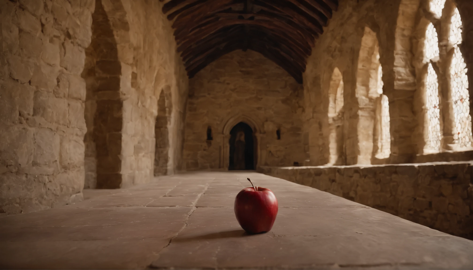 (a red apple,medieval castle,hallway,cinematic scene) on the floor of a (medieval castle:1.1) (hallway:1.3), under the soft lights of a (cinematic scene:1.2) from a (film,feature film, medieval film). The (red apple,brilliant red apple, vibrant red apple) lies to the (left:left side,side, left) of the (hallway,corridor), illuminated by the (soft:0.9) glow from the (cinematic scene:1.1) in the distance. The apple exudes an inviting (warm glow:0.9), captivating anyone passing by.
The (medieval castle:1.2) (hallway:1.1) is adorned with (antique lanterns:flickering antique lanterns,colorful antique lanterns), casting (subtle:0.9) (shadows,soft shadows) on the (stone walls,ancient walls) and (wooden floor). The (hallway:1.1) stretches into the (distance,darkness) with (intriguing:1.1) (arches:stone arches,ornate arches), creating a sense of (mystery, intrigue) and (history, ancient history).
In this (cinematic scene:1.1) from a (film,feature film,cinematic masterpiece), the (red apple,beautiful red apple) becomes a symbol of (temptation,desire,wonder), its vibrant color contrasting against the (neutral tones,ancient ambiance) of the (medieval castle:1.1). The (camera,view) captures the (subtle details:1.1) of the (apple's surface:0.9), highlighting its (shiny, glossy) texture and (rich:1.1) hues.
As the (film,feature film) unfolds, the (camera) slowly pans, revealing the (intricate details, architectural details) of the (hallway), showcasing the (age-old tapestries, ornate tapestries) hanging on the (walls:ancient walls,stone walls). Shafts of (natural light,dappled light) pour in through (stained glass windows,ancient windows), casting colorful (patterns,beautiful patterns) on the (floor), adding to the (cinematic atmosphere:1.1).
The atmosphere is filled with a sense of (mystery,intrigue), leaving the viewer intrigued about the story that unfolds within the confines of the (medieval castle). The (cinematic scene:1.1) captures a fleeting moment, evoking emotions and