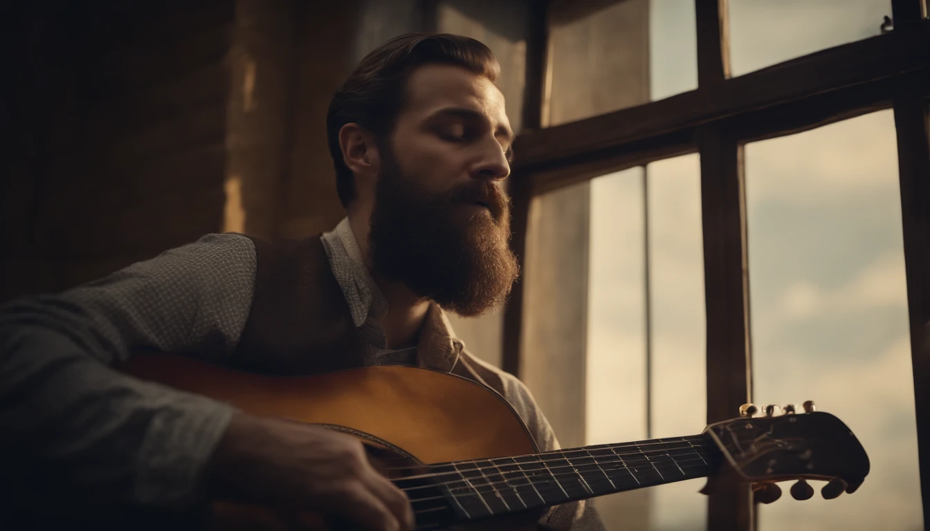 Bearded man playing Guitar looking at the sky trough the window, vintage style, jazz blues, whisky