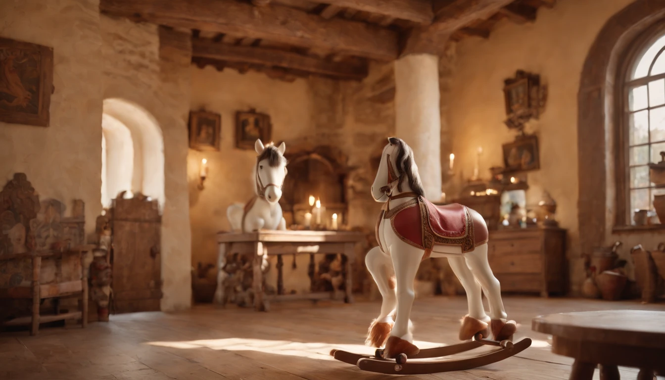 (best quality,4k,8k,highres,masterpiece:1.2),ultra-detailed,(realistic,photorealistic,photo-realistic:1.37), Eastern European medieval nursery in a castle. A wooden rocking horse is placed in the center of the room. The room is filled with warm daylight streaming through the small windows. The scene resembles a cinematic scene from a film, creating a nostalgic and enchanting atmosphere. The room is adorned with handcrafted decorations, including intricate tapestries, ceramic figurines, and vibrant paintings on the walls. The children's laughter and joy fill the air, creating a lively and vibrant ambiance. The color palette is rich and vibrant, with warm earth tones dominating the scene. The lighting is soft and diffused, casting gentle shadows on the wooden floor. The details of the scene are meticulously captured, showcasing the textures of the wooden rocking horse. The overall composition is carefully framed, creating a visually pleasing and harmonious image.
