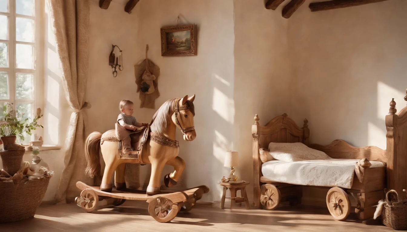 (best quality,4k,8k,highres,masterpiece:1.2),ultra-detailed,(realistic,photorealistic,photo-realistic:1.37), Eastern European medieval nursery in a castle. A wooden rocking horse is placed in the center of the room. The room is filled with warm daylight streaming through the small windows. The scene resembles a cinematic scene from a film, creating a nostalgic and enchanting atmosphere. The room is adorned with handcrafted decorations, including intricate tapestries, ceramic figurines, and vibrant paintings on the walls. The children's laughter and joy fill the air, creating a lively and vibrant ambiance. The color palette is rich and vibrant, with warm earth tones dominating the scene. The lighting is soft and diffused, casting gentle shadows on the wooden floor. The details of the scene are meticulously captured, showcasing the textures of the wooden rocking horse. The overall composition is carefully framed, creating a visually pleasing and harmonious image.