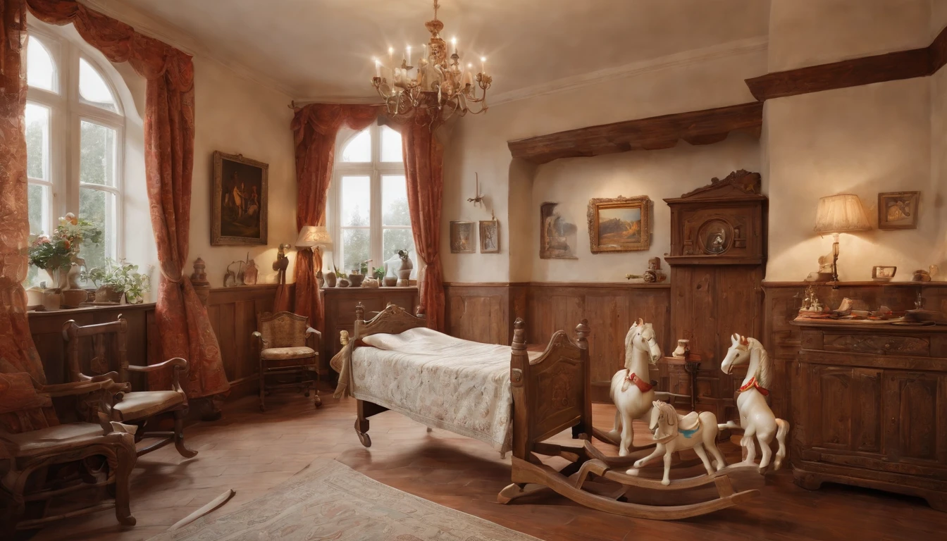 (best quality,4k,8k,highres,masterpiece:1.2),ultra-detailed,(realistic,photorealistic,photo-realistic:1.37), Eastern European medieval nursery in a castle. A wooden rocking horse is placed in the center of the room. The room is filled with warm daylight streaming through the small windows. The scene resembles a cinematic scene from a film, creating a nostalgic and enchanting atmosphere. The room is adorned with handcrafted decorations, including intricate tapestries, ceramic figurines, and vibrant paintings on the walls. The children's laughter and joy fill the air, creating a lively and vibrant ambiance. The color palette is rich and vibrant, with warm earth tones dominating the scene. The lighting is soft and diffused, casting gentle shadows on the wooden floor. The details of the scene are meticulously captured, showcasing the textures of the wooden rocking horse. The overall composition is carefully framed, creating a visually pleasing and harmonious image.