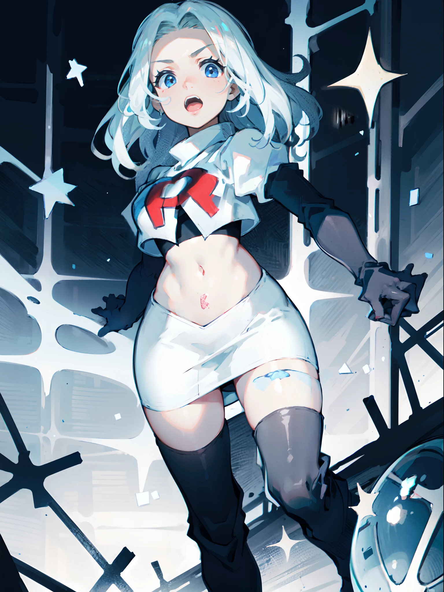 1girl,team rocket,team rocket uniform,white skirt,crop top,black thigh-highs,black elbow gloves,