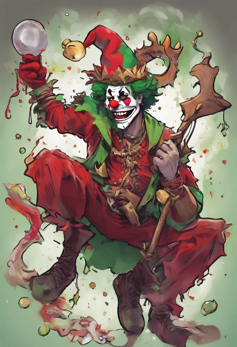 Tarro card back ground as the jester forground clown with devil horns white green black and red outfit with a chainsaw in there right hand a clown horn hanging from there neck on a bone neckless with a rubber chicken in there left hand bloody with bubbles floating around the head