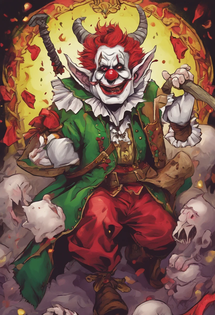 Tarro card back ground as the jester forground clown with devil horns white green black and red outfit with a chainsaw in there right hand a clown horn hanging from there neck on a bone neckless with a rubber chicken in there left hand bloody with bubbles floating around the head