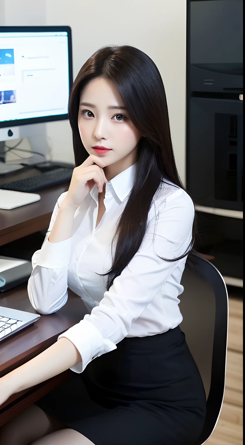 +indoor, office,best quality, ultra high res, (photorealistic:1.4), 1girl, black office suit, white shirt, (red lips), (Kpop idol), (aegyo sal:1), ((black long hair:1.2)),  looking at viewer, charming, ((office suit)), sitting in an office chair,