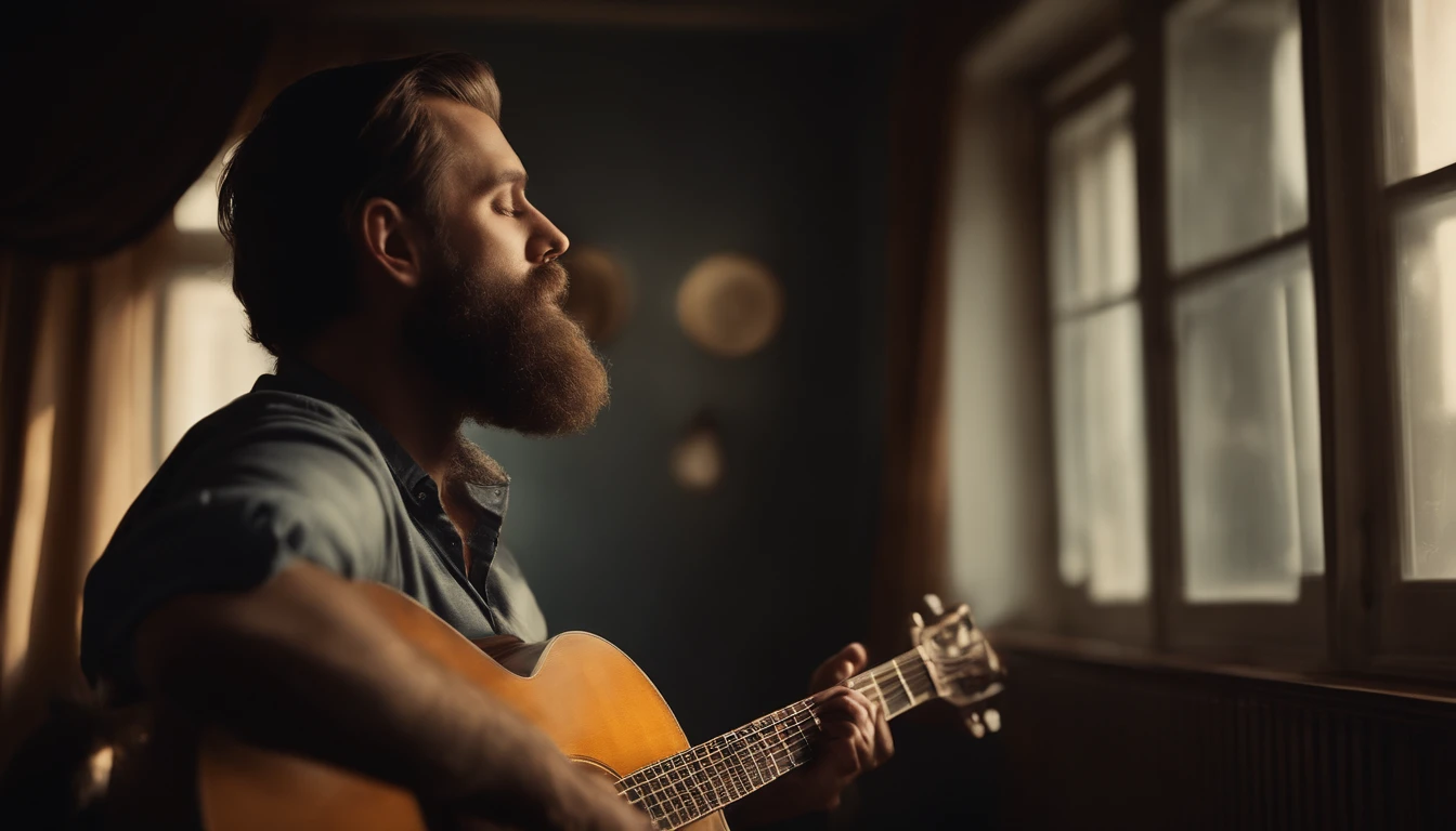 Bearded man playing Guitar looking at the sky trough the window, image from back, vintage style, jazz blues, whisky, 20's