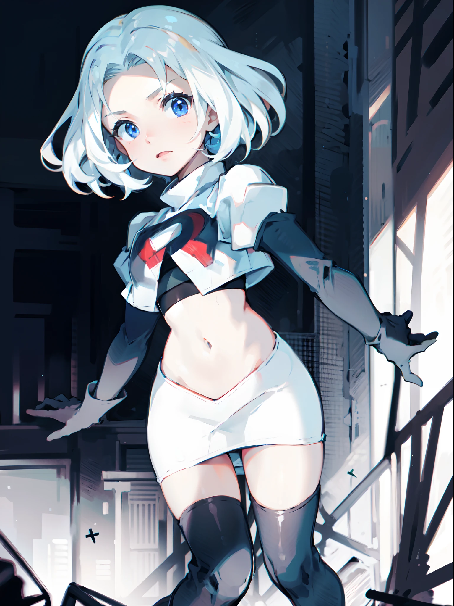 1girl,team rocket,team rocket uniform,white skirt,crop top,black thigh-highs,black elbow gloves,