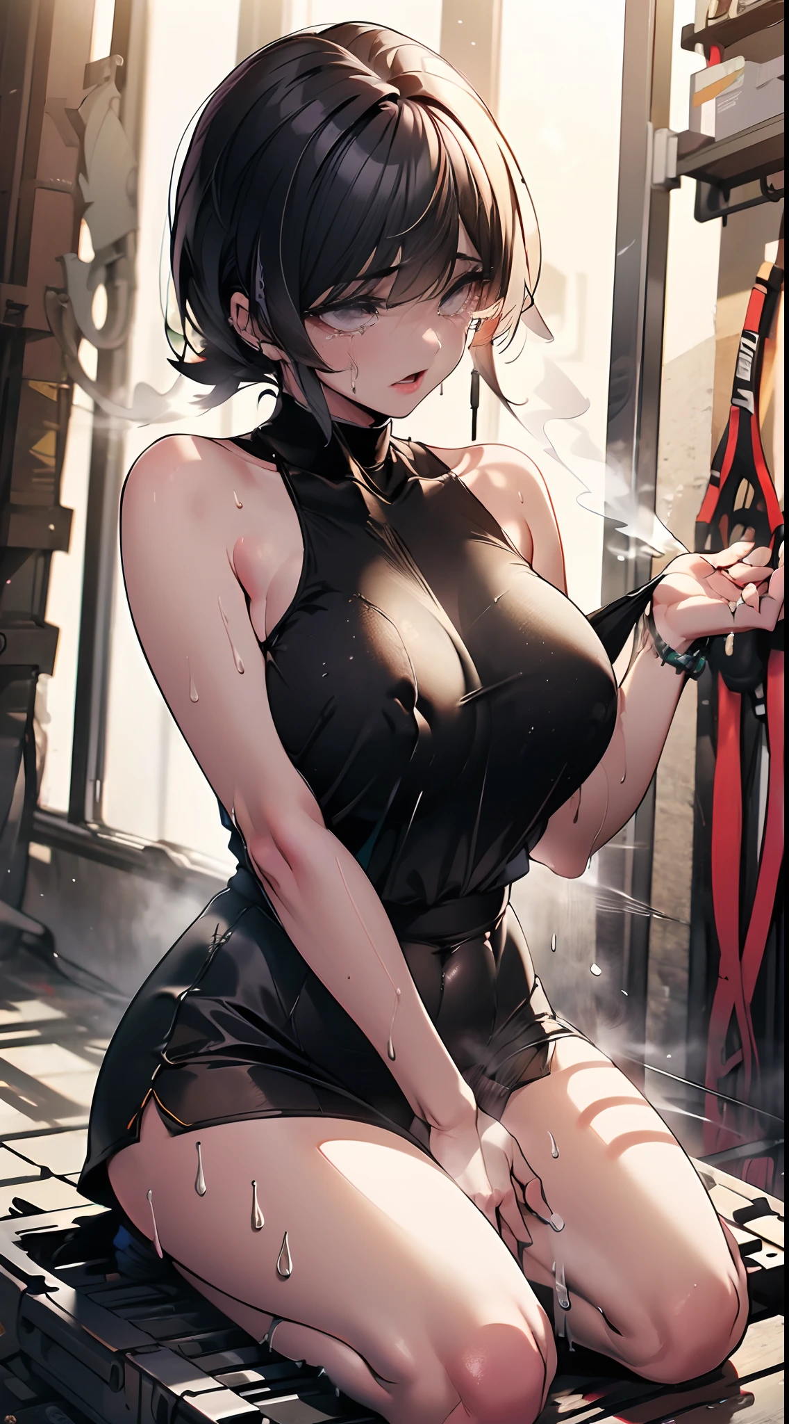 Inside the tool room、Narrow dark、crepuscular、Dim, Cold slight lighting、(((steam,Sweat,Lower grade))),Beautiful girl in black spats and thin fabric wet white tank top、Woman crying and panting、motion line、Girl straddling a huge man