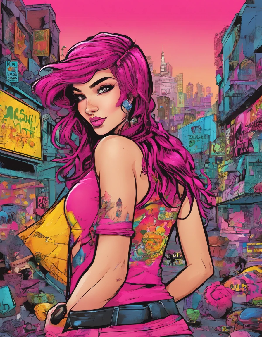 (best quality), big head, face happiness, medium waves hair, (short girl with huge breasts:1.2) carmel skinned girl in a punk outfit, in a graffiti street, from back, slightly chubby, two toned hair(black:1.3, neon pink:1.3), beanie with a skull logo, wide hips, big butt, thick thighs, crop top hoodie, fuchsia-colored shorts and torn leggings