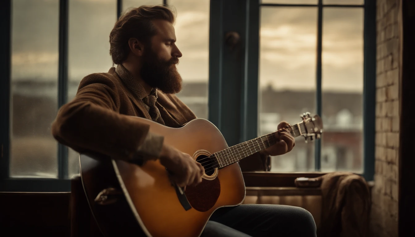 Bearded man playing Guitar looking at the sky trough the window, barber shop, image from back, vintage style, jazz blues, whisky