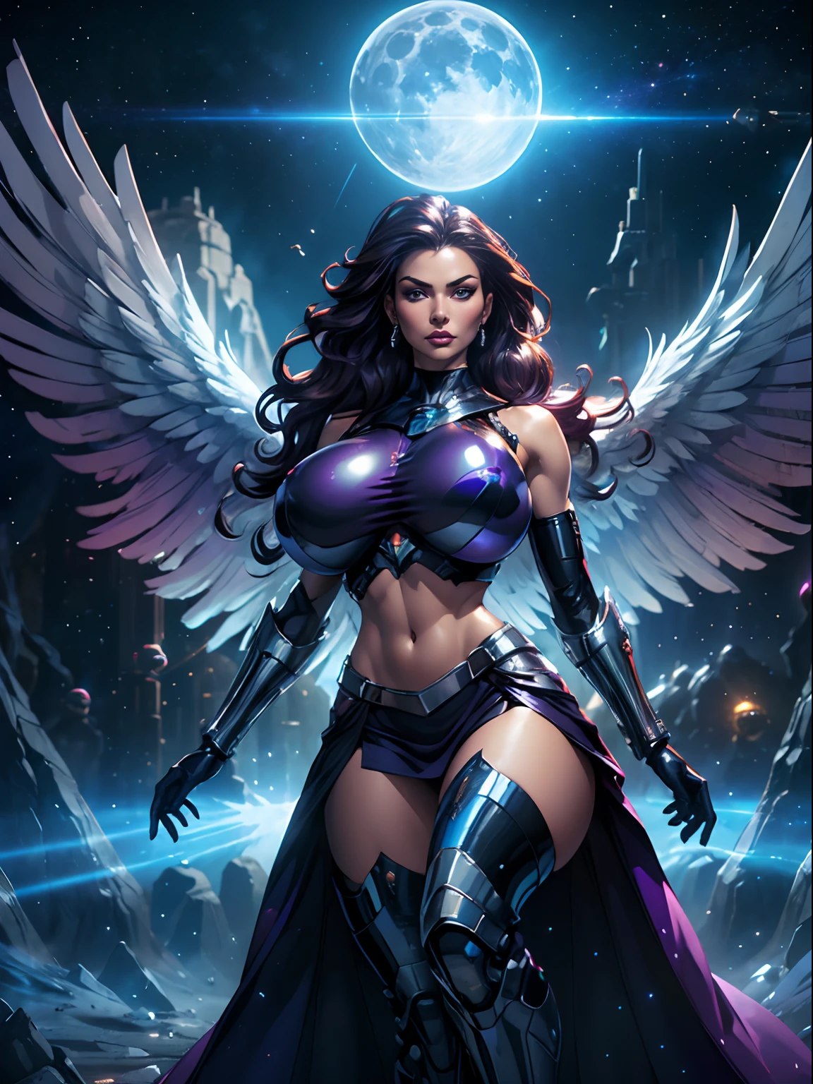 (masterpiece, top quality, best quality, official art, beautiful and aesthetic:1.2), (1girl:1.3), extremely long curly golden hair, extremely detailed, portrait, looking at viewer, solo, (full body:0.6), detailed background, close up, (cool science fiction space theme:1.1), extremely busty valkyrie, charlatan, mysterious, shooting lasers in space, cybernetic angel, huge feathered wings, chrome boob armor, dark purple streamers and skirts and sleeves and knee wrappings, cybernetic implants, mechanical hand, laser cannon, arm cannon, revealing chrome armor, bare midriff, glowing laser energy, halo, intricate armor, ornate chrome armor, sheer white fabric, elegant purple fabric, skirts, streamers, cowl, boots, bracers, ((((gigantic breasts))), slim waist, slim hips, long legs, athletic, SPACE, futuristic moon, (space exterior:1.1) background, dark mysterious lighting, shadows, magical atmosphere, dutch angle