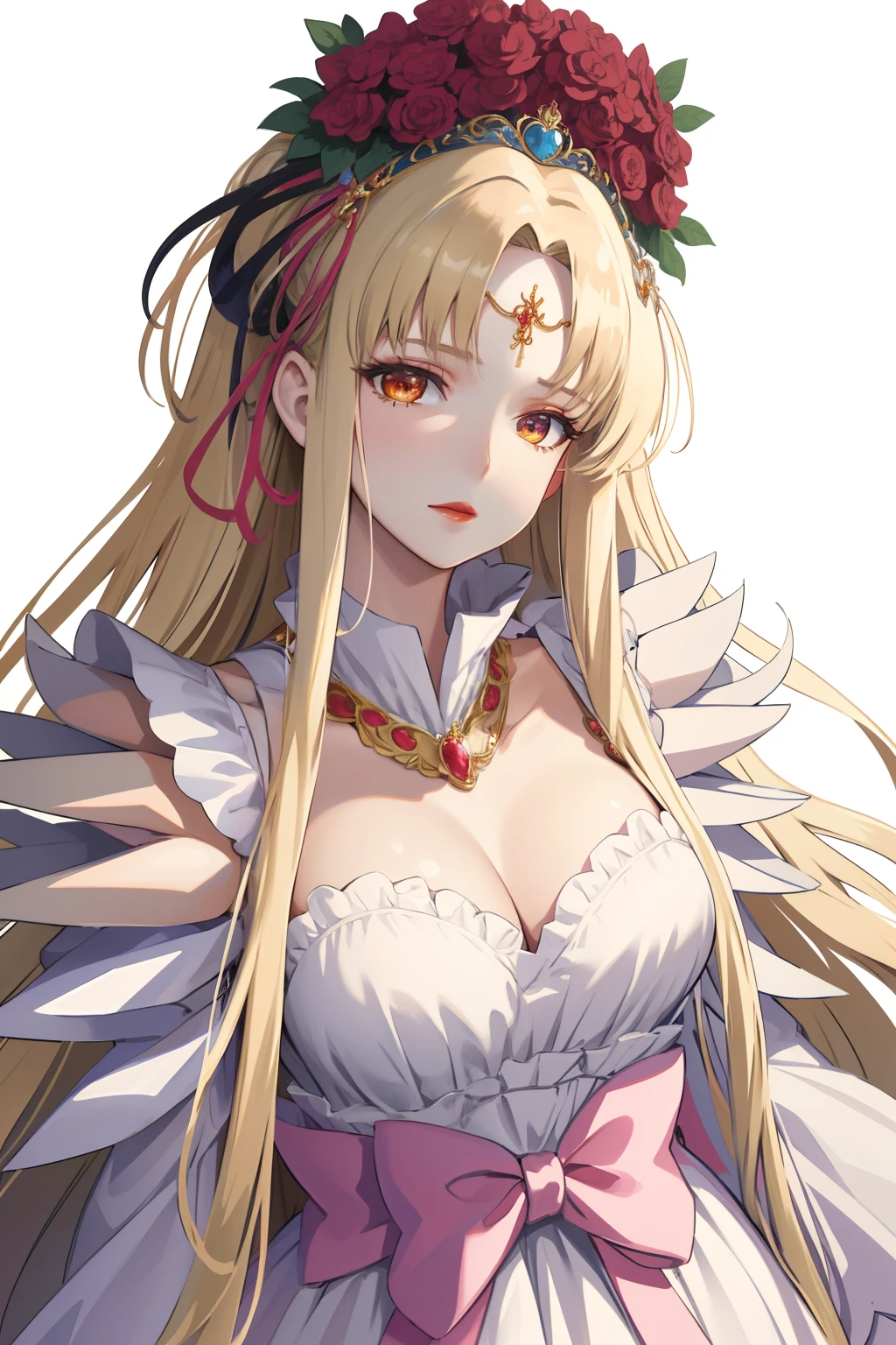 masterpiece, best quality, spaphrodite, tiara, circlet, hair flower, lipstick, medium breasts, dress, upper body, necklace, 5 fingers, detailed face, detailed eyes, detailed hair