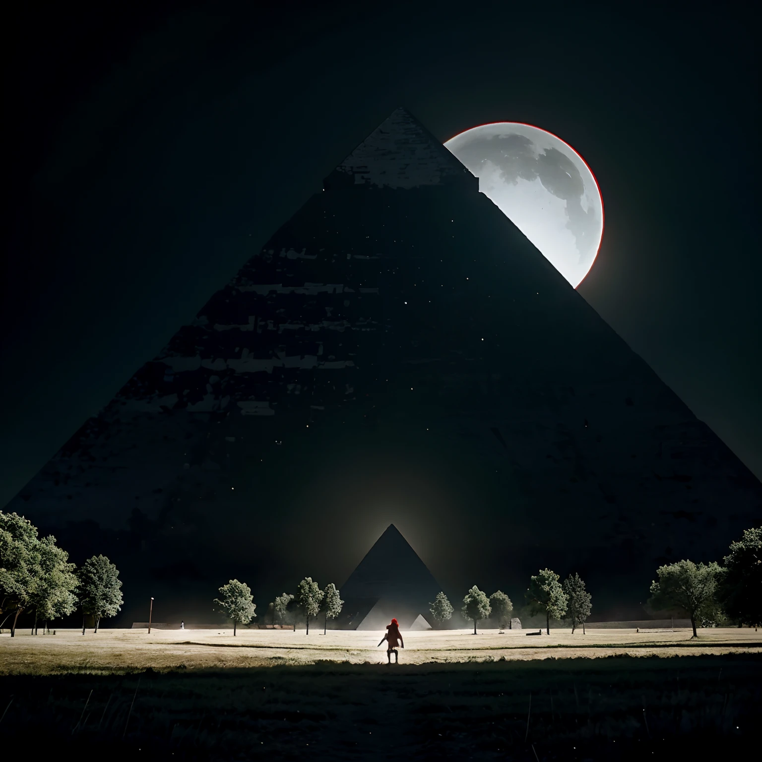 Warrior in front of a pyramid in a forest looking at the sky with eclipse ultra realistic pixar effect with 4 horses a black, white, red and green coming out of the sky