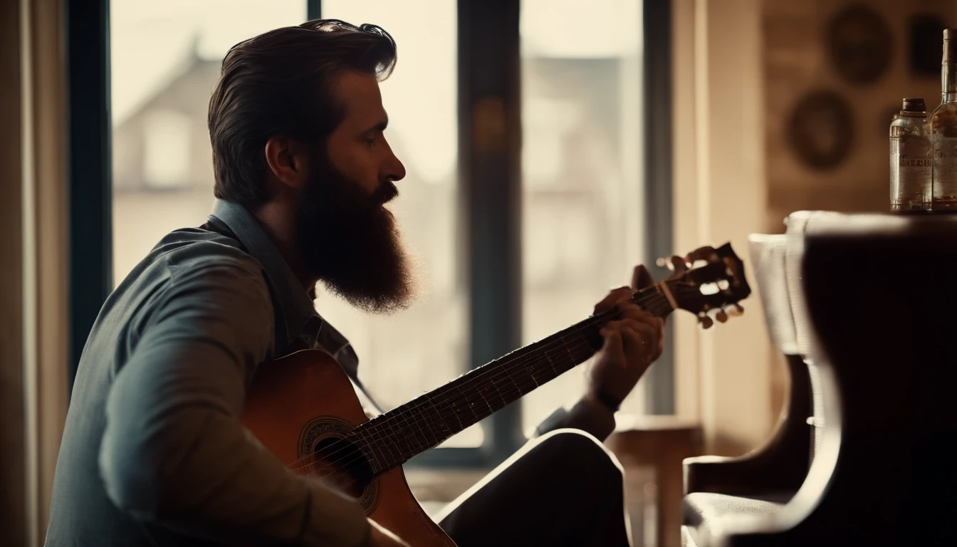 Bearded man, back, playing Guitar looking at the sky trough the window, barber shop, image from back, vintage style, jazz blues, whisky