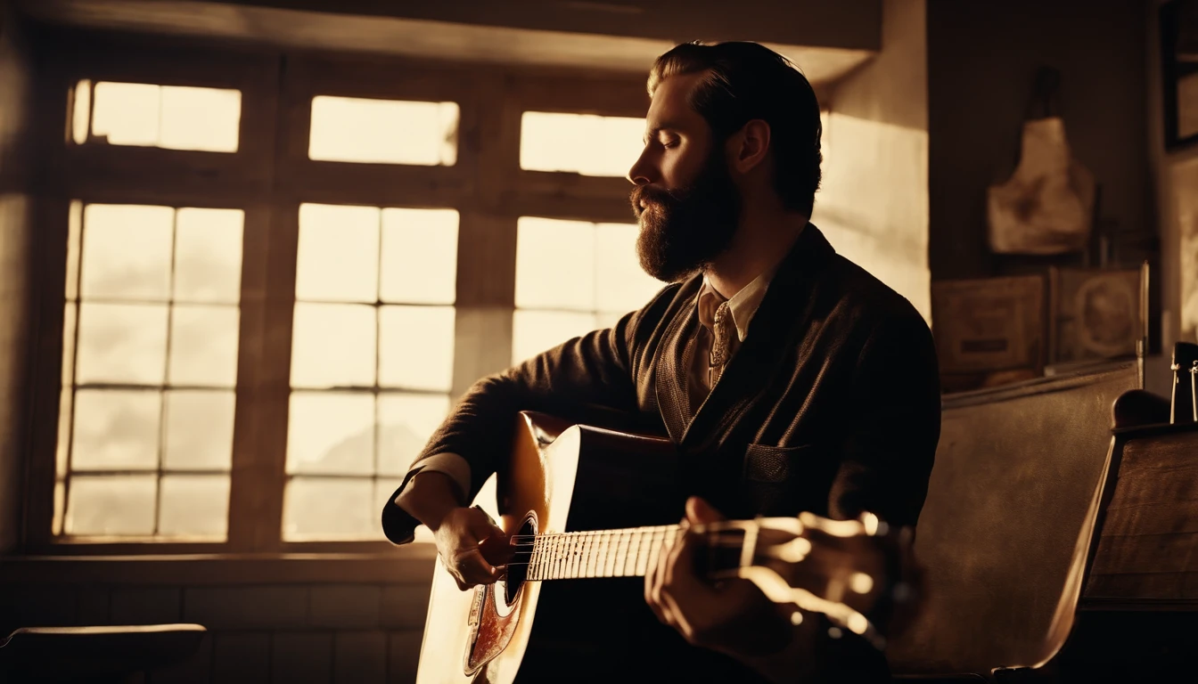 Bearded man, back, playing Guitar looking at the sky trough the window, barber shop, image from back, vintage style, jazz blues, whisky