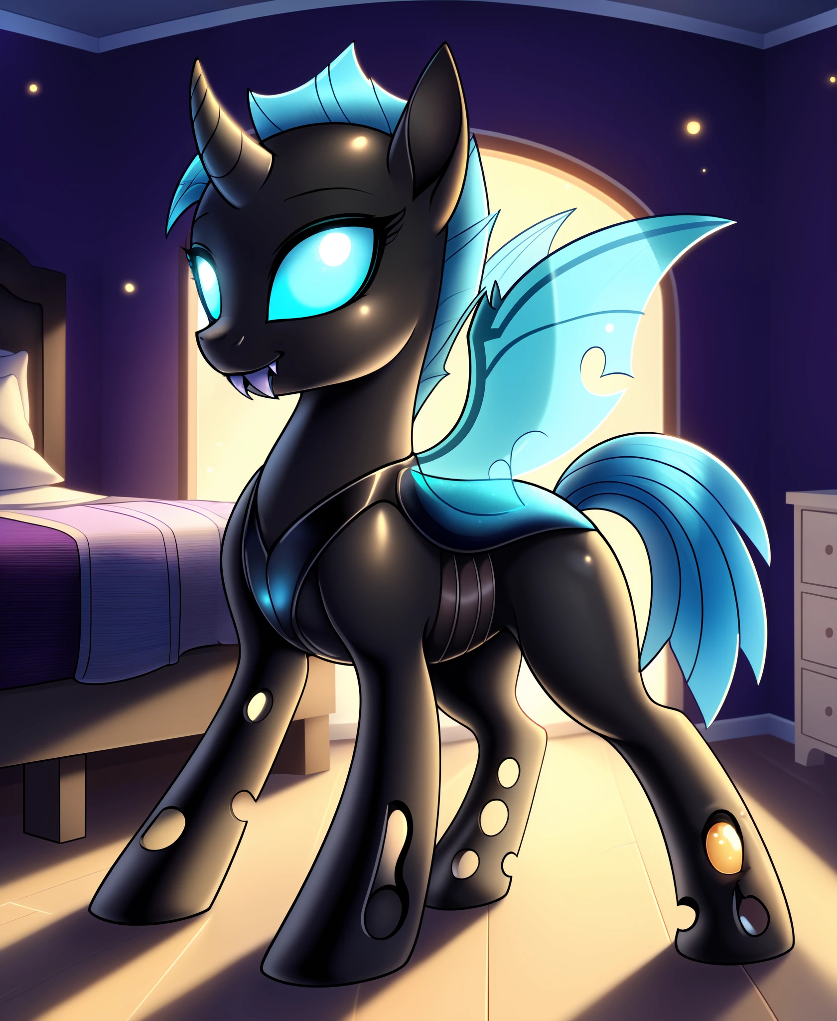 feral changeling, portrait, ((bedroom,)), (masterpiece), (raytracing), (cinematic lighting), triadic lighting, High Definition, light particles, (shading), glowing cyan eyes, cyan wings, blue backplate, ((pony body)), (((perfect anatomy))), {my little pony}, ((((cute)))), (((female))), ((fangs)) ((yuris style))