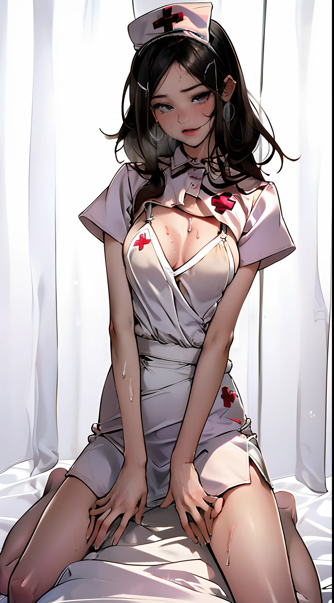 Perfect human body、Intense sex between boys and girls、(((steam,Sweat,Lower grade)))、Woman crying and panting、细致背景、detailed human body、A detailed face、、NSFW, Mature female nurse straddling boy、insertion、SEX between a boy and a beautiful nurse、Slouching Woman、Woman holding her head with both hands