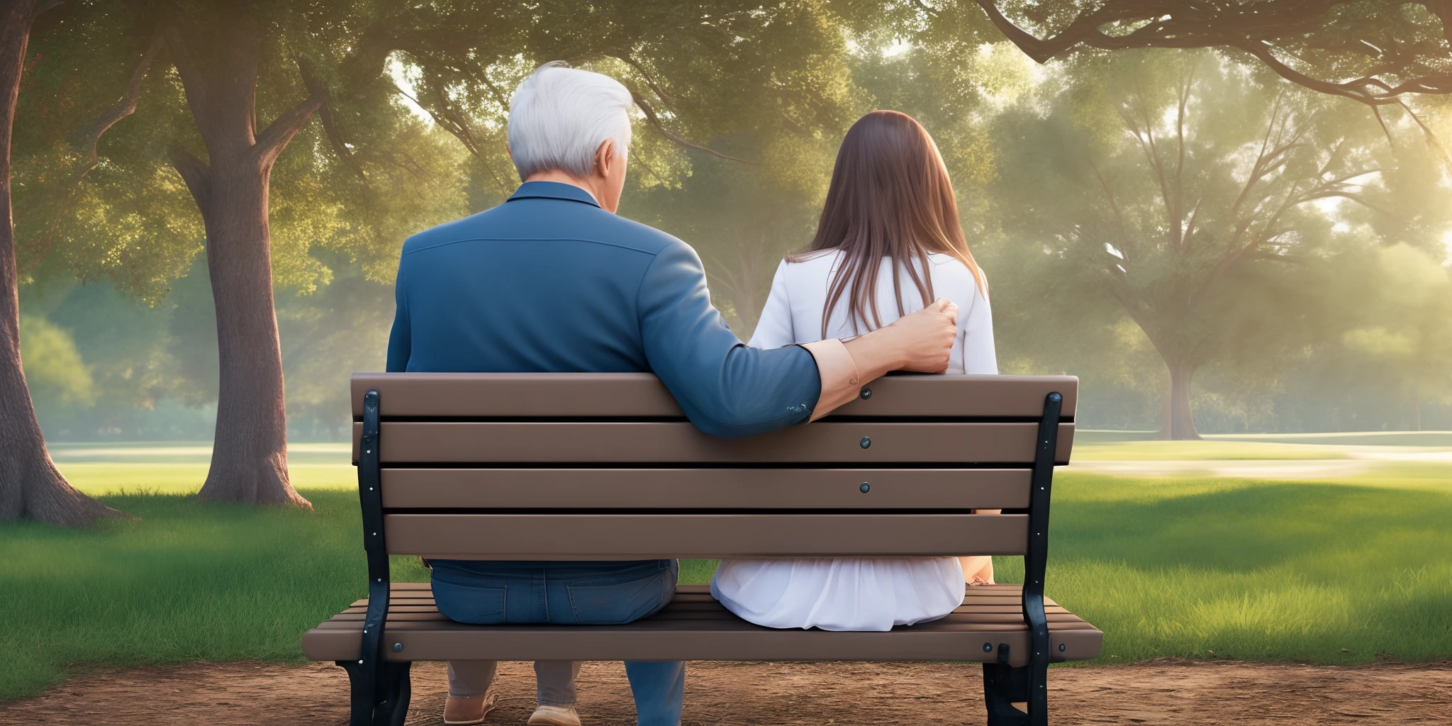 A gray-haired man and his 12-year-old daughter sit with their backs to the scene on a park bench surrounded by trees, hyper realistic image, 8k --auto --s2