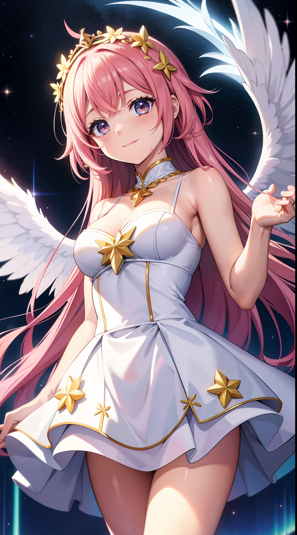 megurine luka、Big angel wings、Angel Halo、smile、Look at this、Wearing a light white dress