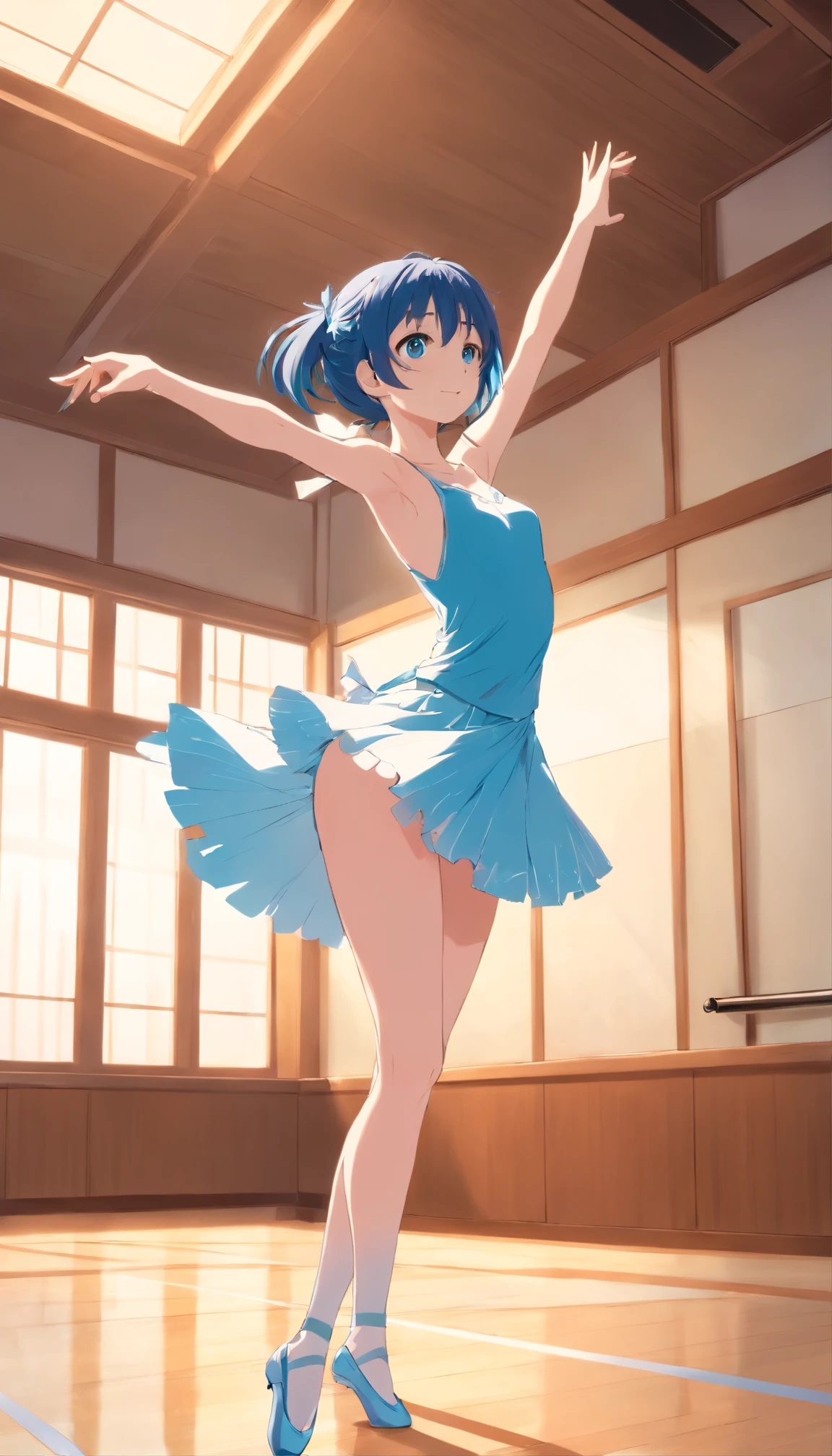 best qualtiy， tmasterpiece， 超A high resolution， realisticlying， 1 girl，Light blue long hair、Black eyes，Eotard in the bright white valley、（Ballet Set）Full-figured，black lence stockings，high-heels，Dance Ballet，Practice room，wide angles、Nisekoi