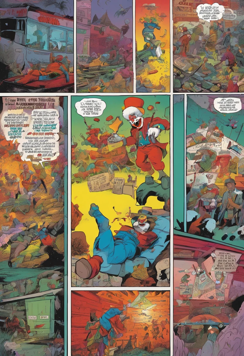 American comics, the comic story is presented in multiple irregular panels with color. Based inside a clown carnival scene. You see a clown with glowing yelllow eyes hacking a body up with a chainsaw. With a bloody rubber chicken and bicycle horn next to the body. The clowns out fit is red black white green. With little blood spalter.