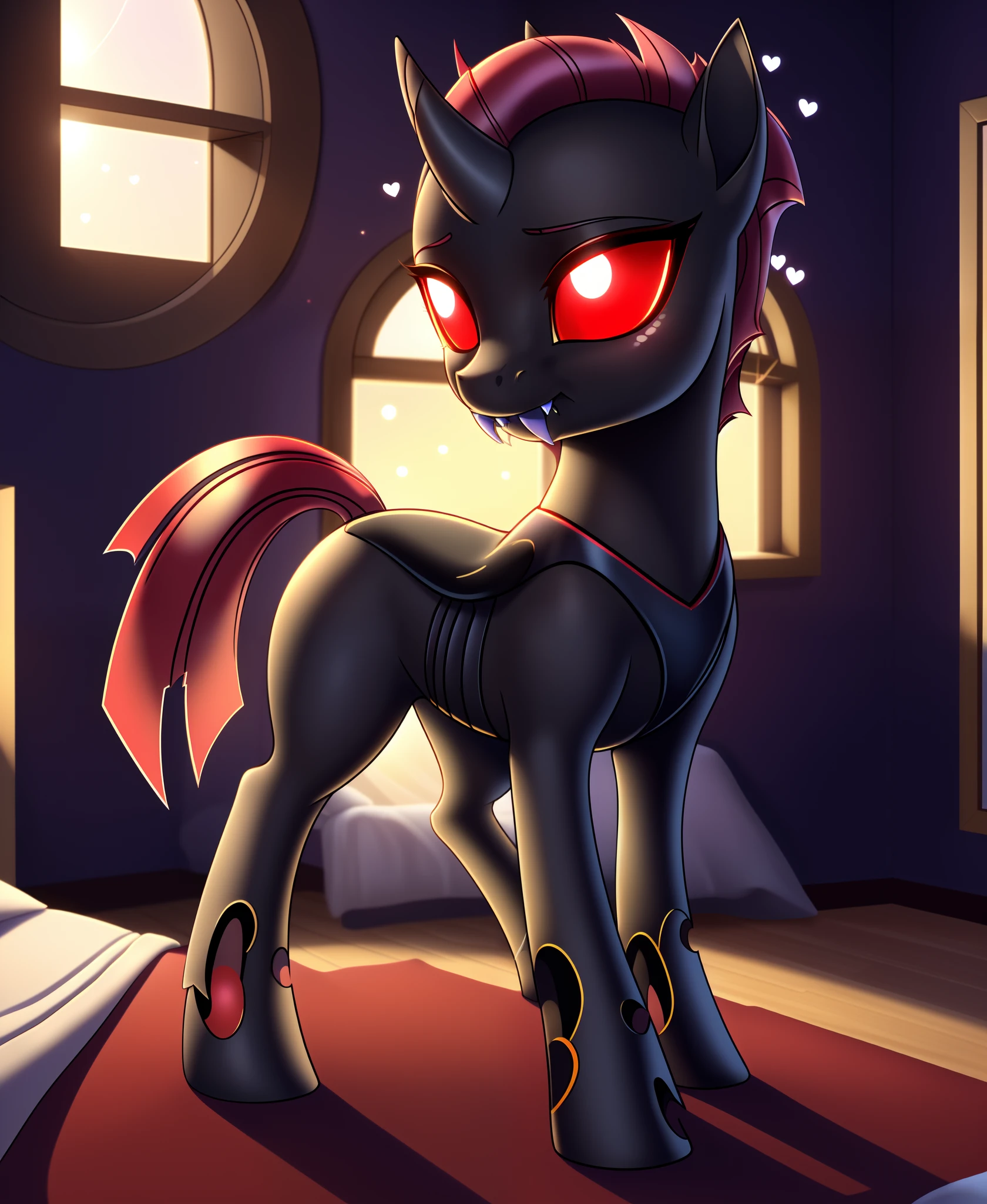 feral changeling, portrait, ((bedroom,)), (masterpiece), (raytracing), (cinematic lighting), triadic lighting, High Definition, light particles, (shading), glowing red eyes, red wings, red backplate, ((pony body)), (((perfect anatomy))), {my little pony}, ((((cute)))), (((female))), ((fangs)), ((yuris style:1)) 3d