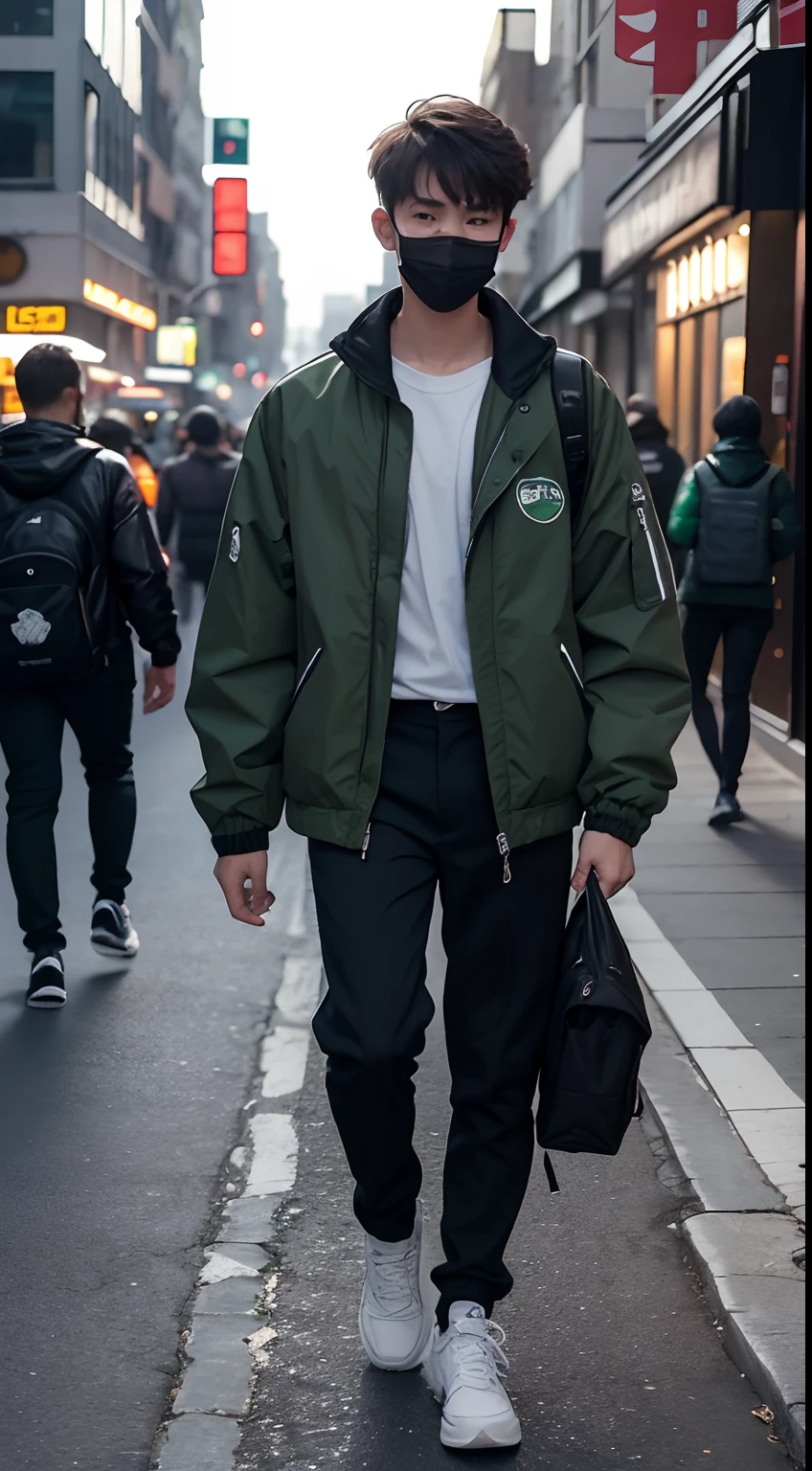 18 year old man, he is wearing a green jacket, he is wearing black trousers, he is wearing white sneakers, he is wearing a mask, he is carrying a backpack, he is walking in the city on night, bustling city atmosphere, very realistic, very detailed