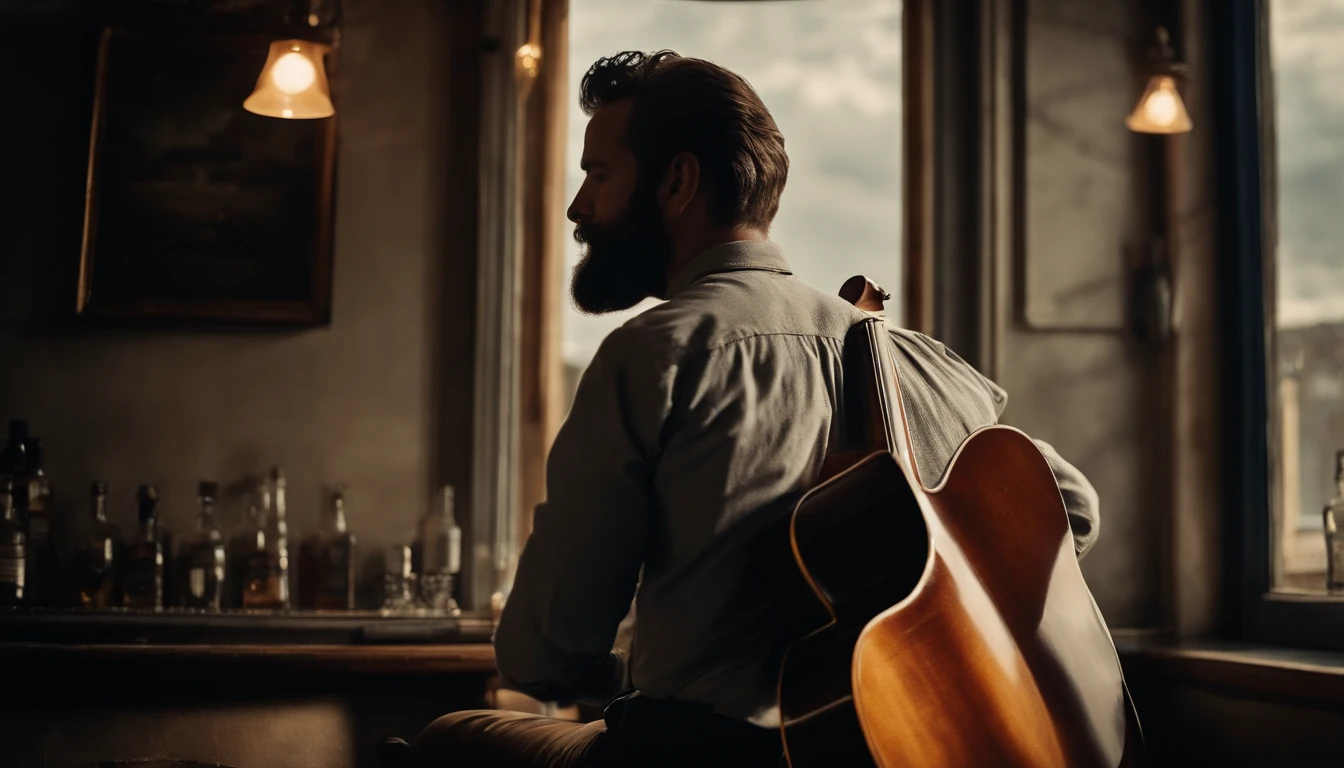 Bearded man, back, playing Guitar looking at the sky trough the window, barber shop, image from back, vintage style, jazz blues, whisky