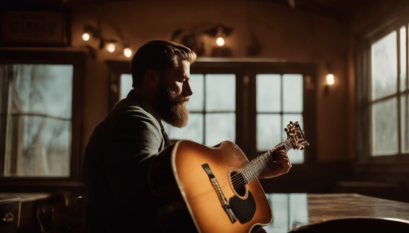 Bearded man, back, playing Guitar looking at the sky trough the window, barber shop, image from back, vintage style, jazz blues, whisky
