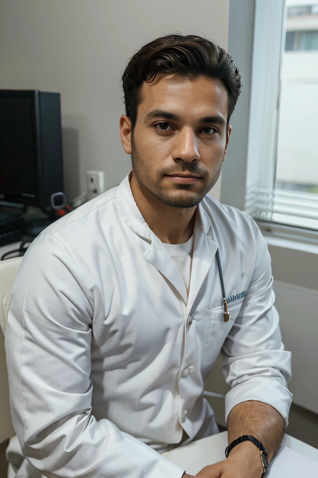 Homem de terno branco e gravata sentado em uma mesa, foto de um homem, sitting at desk, wearing a medical suit, foto corporativa, homem bonito, retrato profissional hd, wearing white doctors suit, sentado em uma mesa, uma foto de um homem, foto de perfil profissional, homem atraente, sitting behind desk, barba